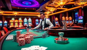 Engaging casino dealer at a vibrant table inspired by https:/cm88.bz/ showcasing poker chips and cards.