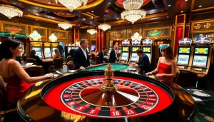 Players enjoying an exciting game at the Bet88 casino roulette table surrounded by vibrant slot machines.