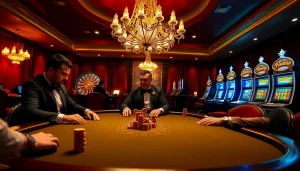 Experience the thrill at the XXGG casino, featuring a luxurious poker table and vibrant slot machines.