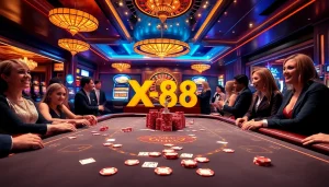 Players engaging with the X 88 gaming table amidst vibrant casino excitement.