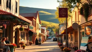A vibrant street in Clarksburg, CA, showcasing local shops and a friendly atmosphere.