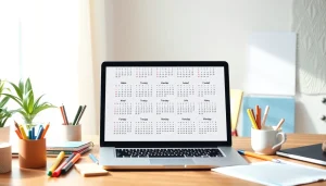 Free calendar 2026 displayed on a stylish desk with colorful stationery and a laptop, perfect for organizing your year.
