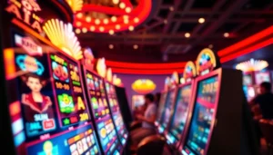 Menampilkan slot depo 1k dengan mesin slot berwarna cerah dan pemain yang antusias.