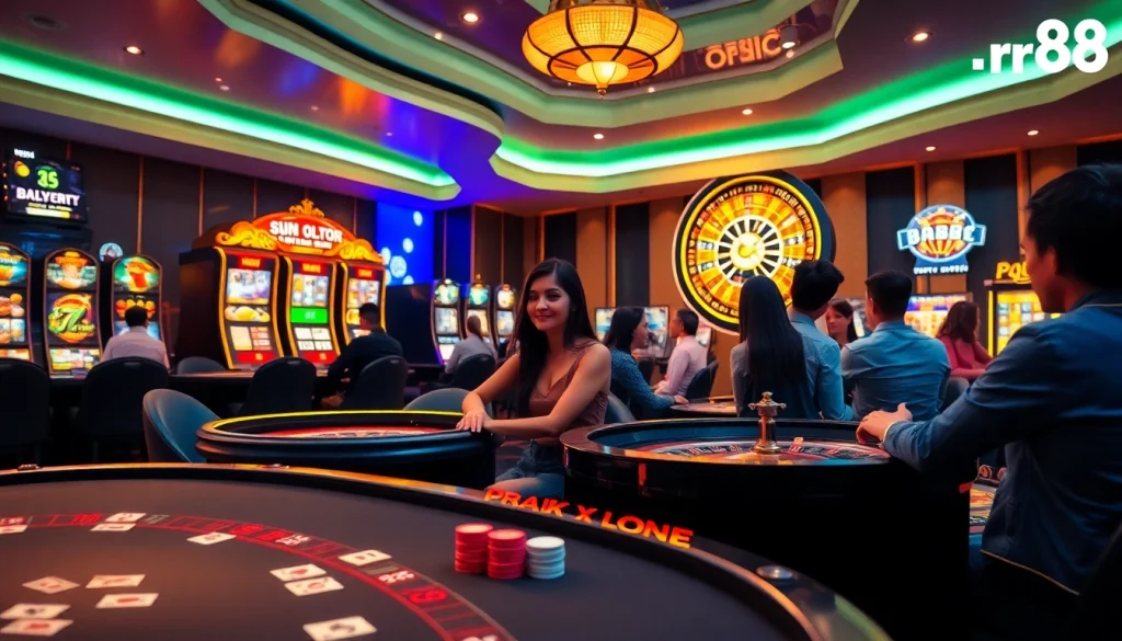 Dynamic casino scene featuring players enjoying games at nhà cái rr88, showcasing poker chips, cards, and thrilling excitement.