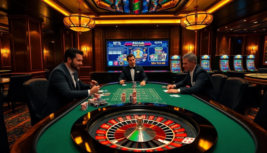 Action-packed gambling scene at b52club with poker chips and cards on a professional table.