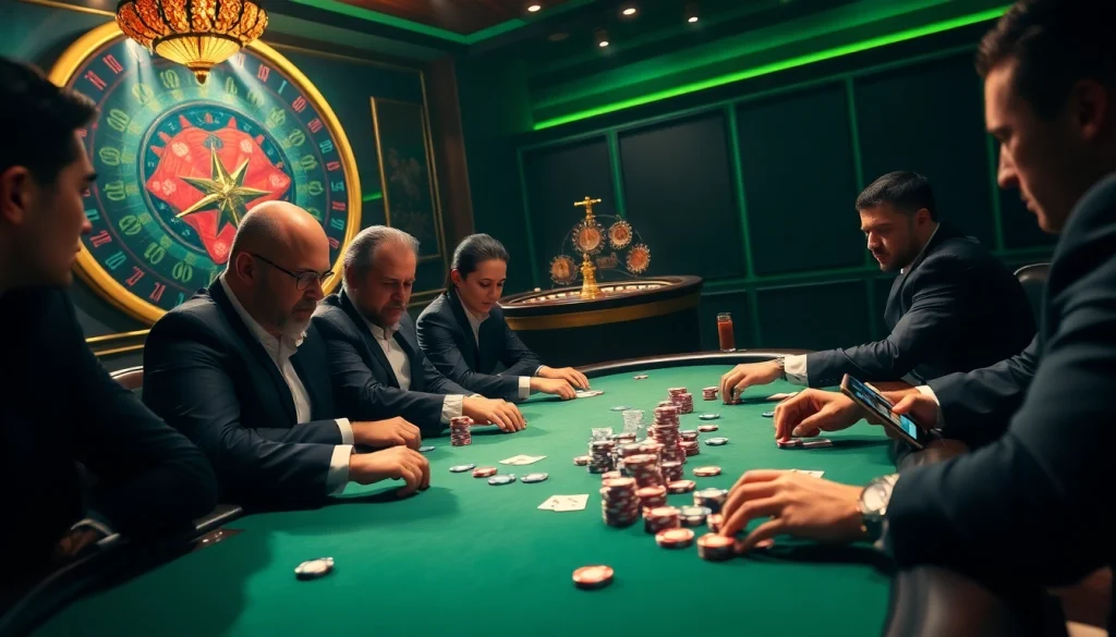 Engaged players at a high-stakes poker table in an onicplay casino, showcasing cards and chips.