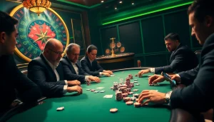 Engaged players at a high-stakes poker table in an onicplay casino, showcasing cards and chips.