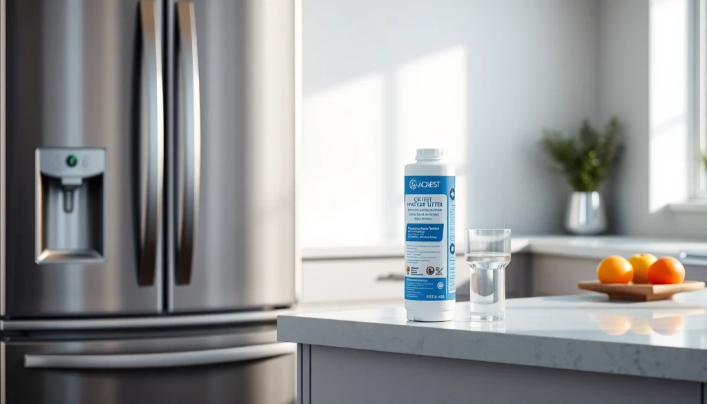 AQUA CREST Replacement for GE® RPWFE in a modern kitchen setting, emphasizing clean and pure water benefits.