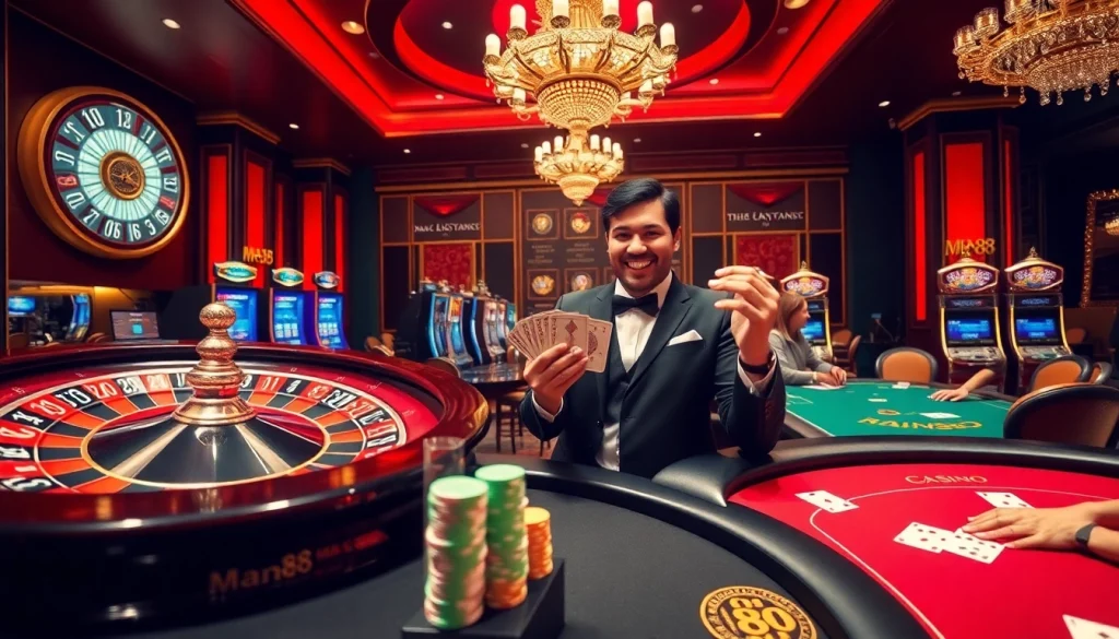 Exciting gaming at Man88's casino with roulette, poker, and vibrant atmospheres.