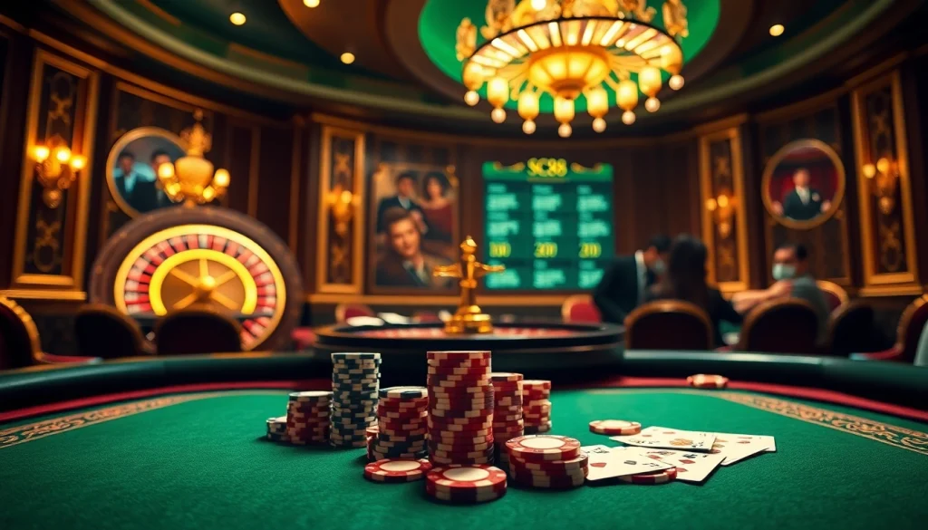 Engage in the thrill of SC88 poker play at a luxurious casino table with vibrant chips and graceful cards.