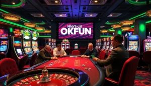 Players engaging at Nhà cái OKFUN's luxurious online gaming table with vibrant casino elements.