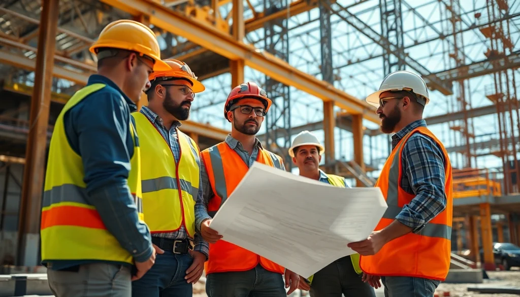 Showcasing careers in construction, diverse professionals collaborating on-site with blueprints.