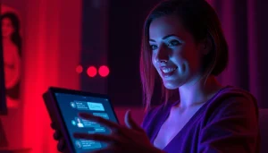 An interactive scene of nsfw chat ai on a digital device, showcasing engaging AI conversation amid ambient lighting.