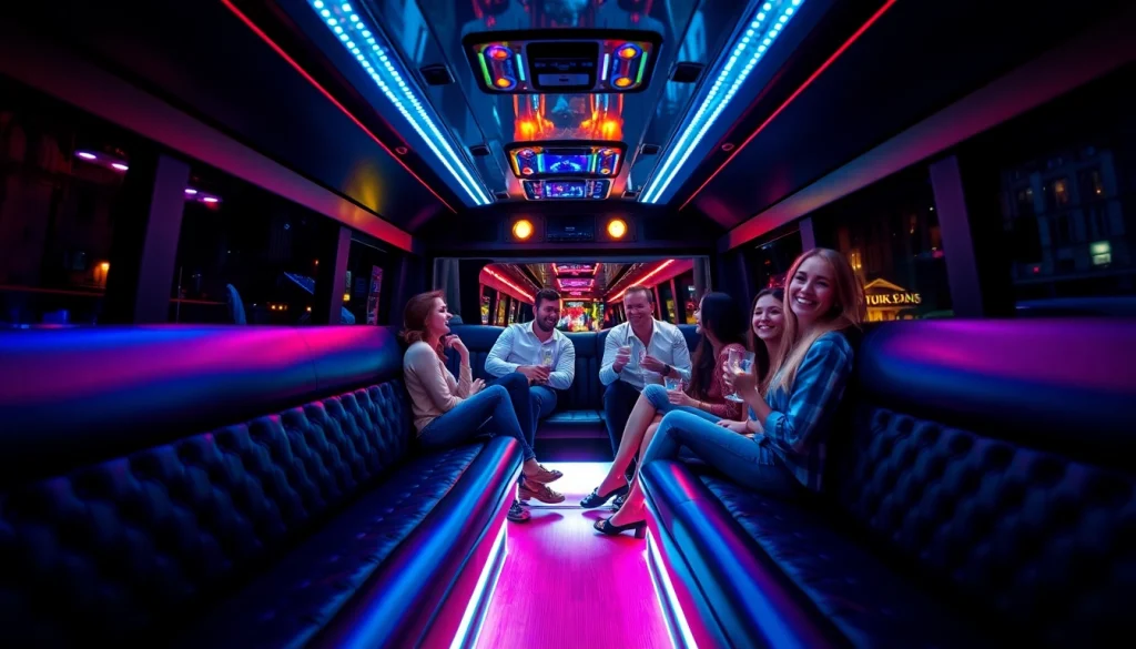 Party Bus UK with vibrant lighting and joyful friends celebrating inside, showcasing a fun party atmosphere.