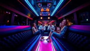 Party Bus UK with vibrant lighting and joyful friends celebrating inside, showcasing a fun party atmosphere.