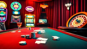 Experience the thrill of gambling with the NK88 casino scene featuring vibrant poker chips and roulette wheel.