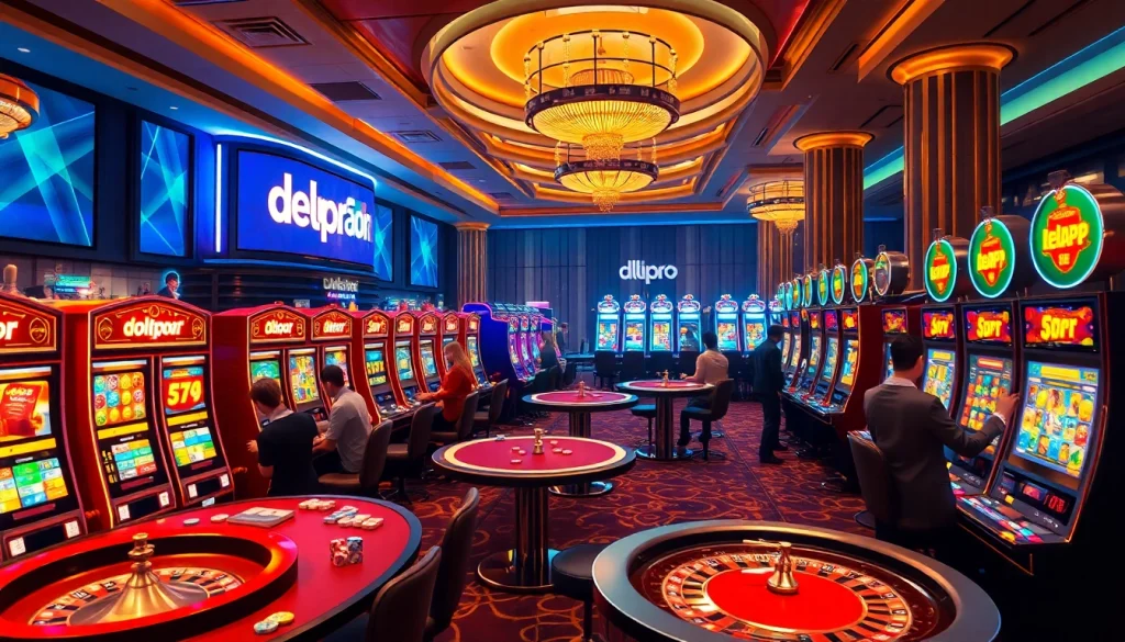 Experience the thrill of slot depo 5rb at an engaging casino scene filled with vibrant slot machines and excited players.