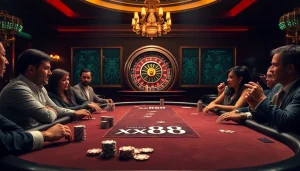 Engaging gambling scene with luxury poker game and xx88 branding on the table
