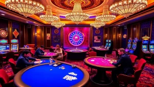 Experience high-stakes poker at NOHU90, with vibrant casino tables filled with action.