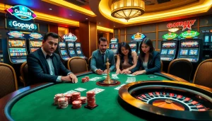 Gopay88 players engaged in a thrilling poker game at a luxurious casino table.