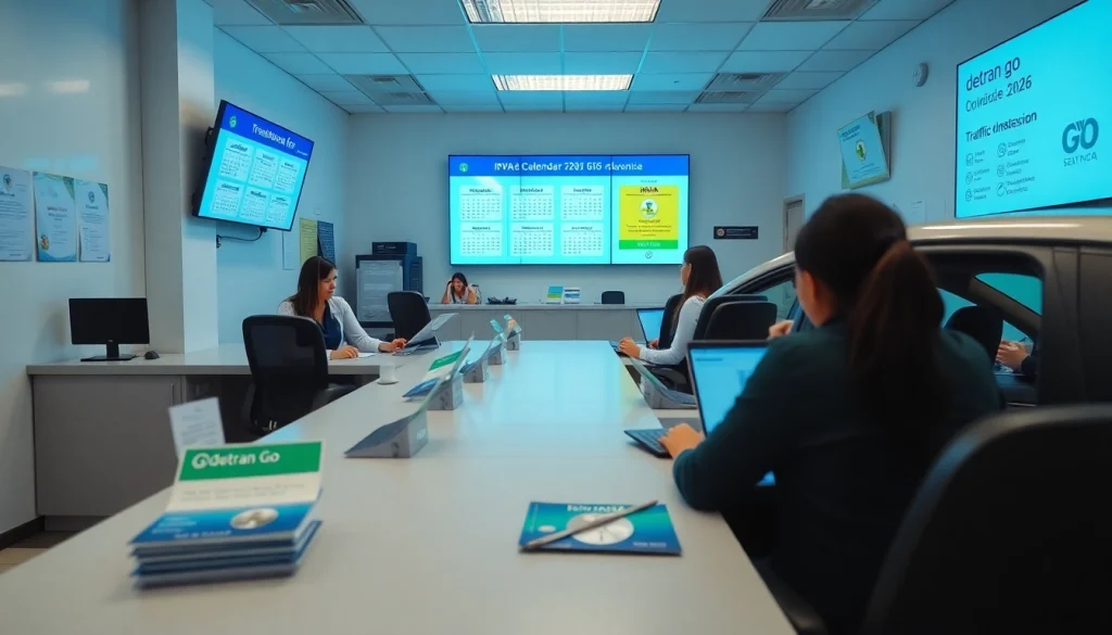Modern Goiás traffic department showcasing detran go services and 2026 IPVA calendar.