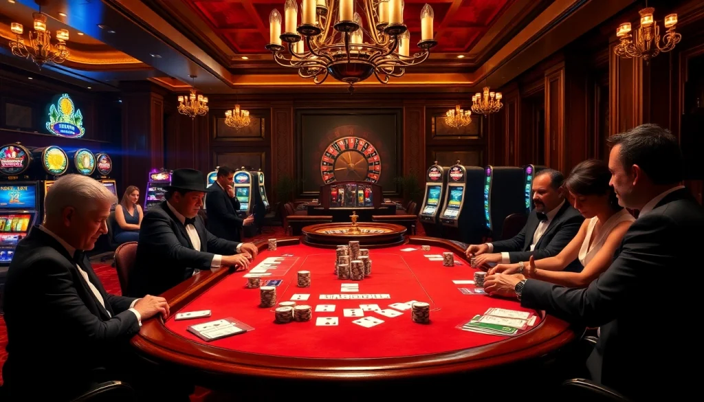 Experience the thrill of the official hidden wiki in this vibrant casino scene. Players engage around a poker table with chips and cards.