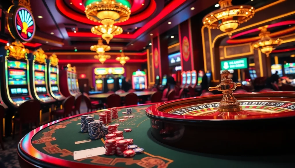 Engaged gamblers at XSMB247’s vibrant casino, showcasing exciting slot machines and roulette.