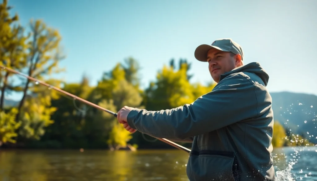 Fisherman in fly fishing apparel casting in a beautiful river setting surrounded by nature.