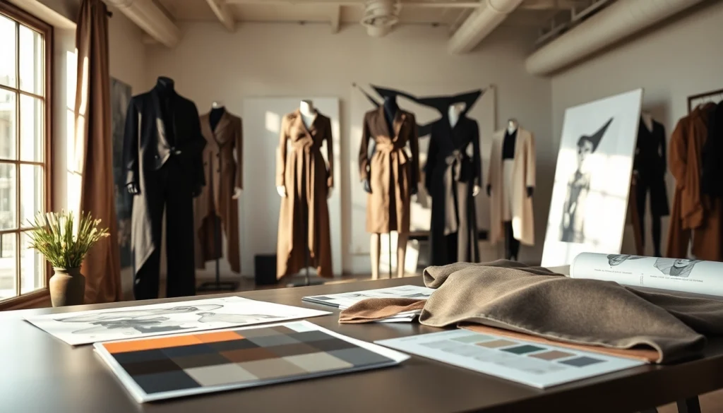 Study of Rick Owens mission statement represented through sophisticated fashion design workspace.