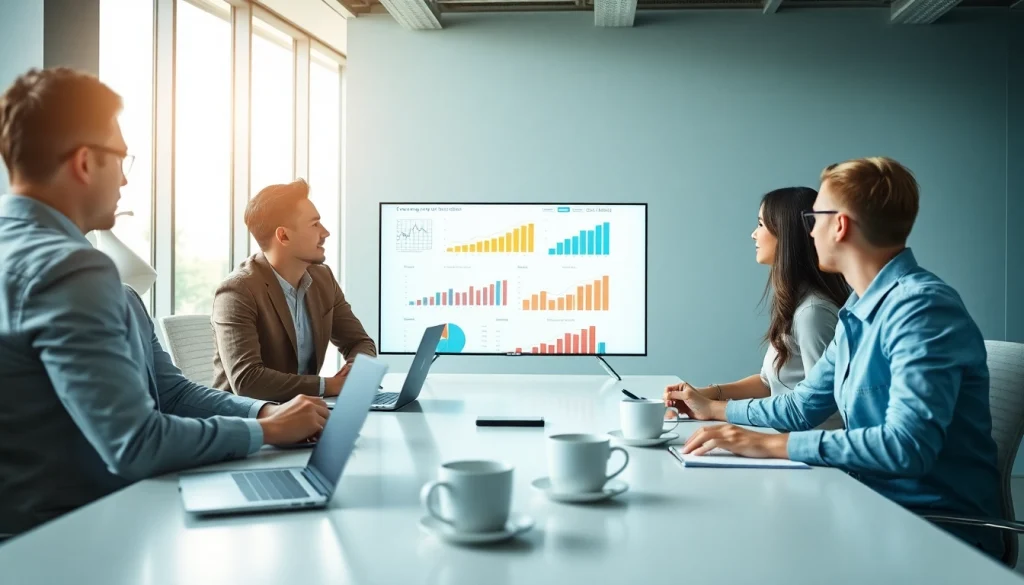 Analyze growth strategy trends in dynamic business meeting with diverse professionals.