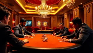 KJC poker players strategizing over high-stakes chips and cards in a luxurious casino.