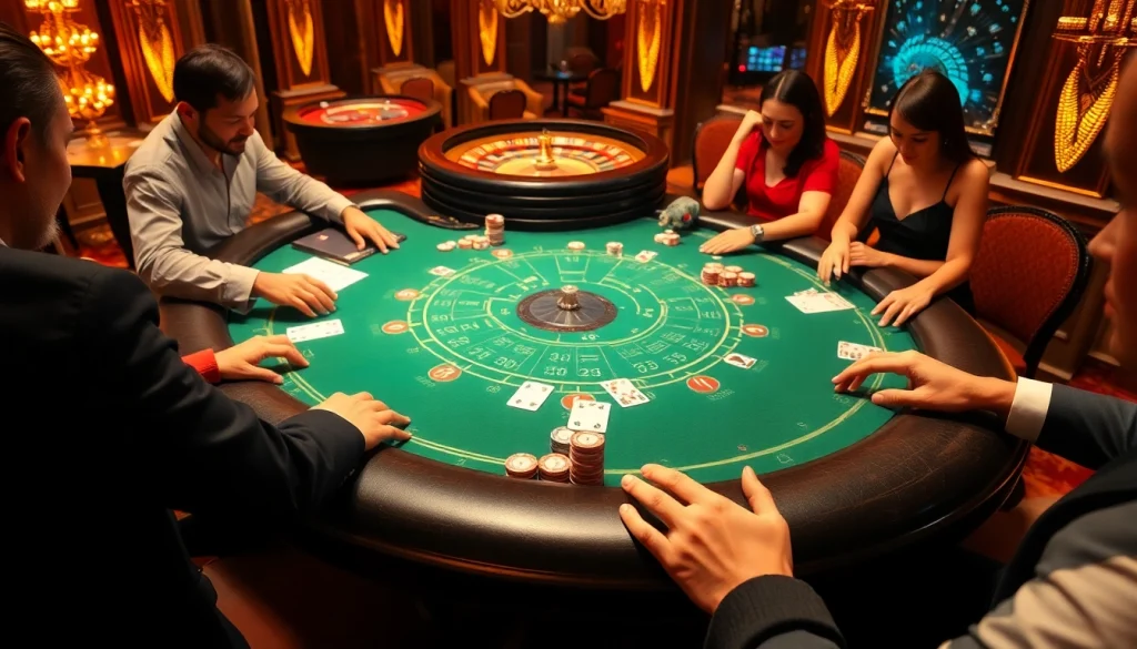 Gamblers enjoying a lively game at a blackjack table featuring kèo nhà cái 5 elements.
