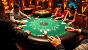 Gamblers enjoying a lively game at a blackjack table featuring kèo nhà cái 5 elements.