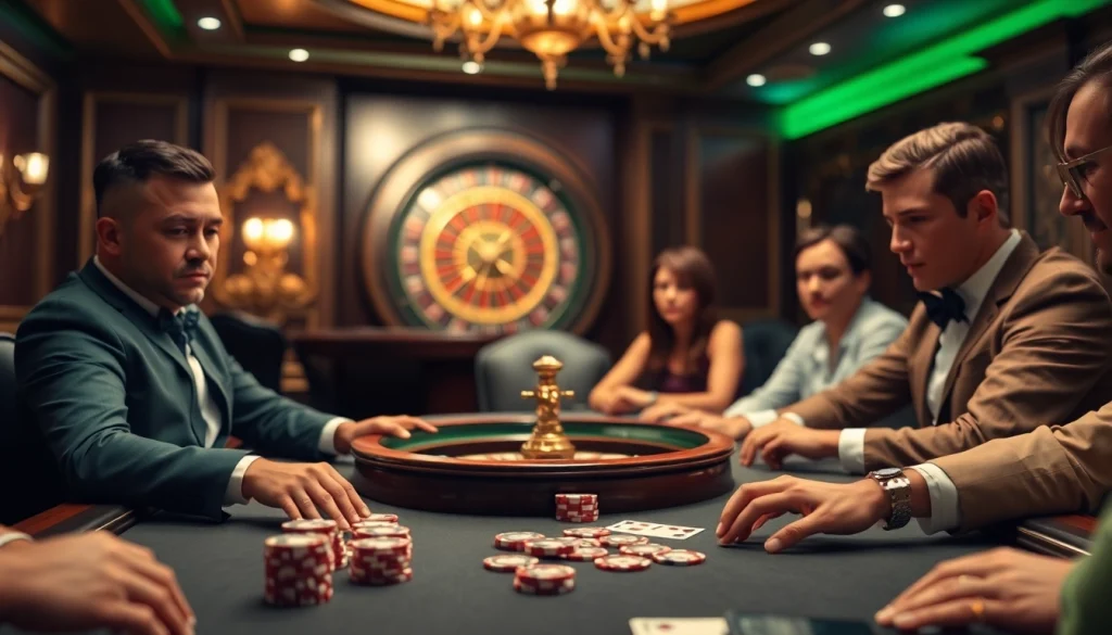 Fly88 high-stakes poker players strategizing at a luxurious casino table in a vibrant night scene.