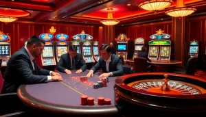 Exciting poker game in a luxurious casino at https://mmoo.gripe/ with vibrant tables and illuminated slot machines.