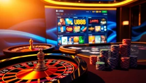 Experience the thrill of U888 gambling on a luxurious casino table with vibrant roulette and blackjack games.