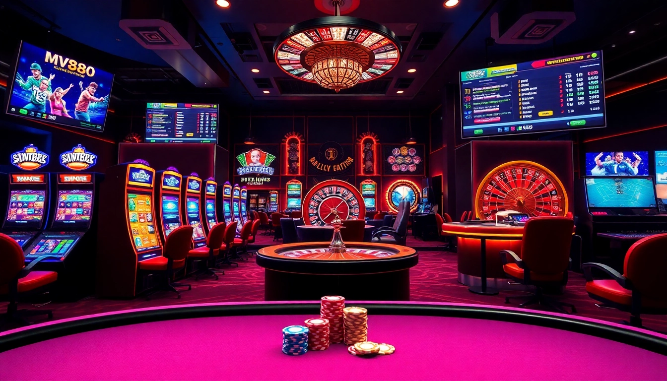 Exciting casino scene showcasing MV88's vibrant poker table and sports betting interface.