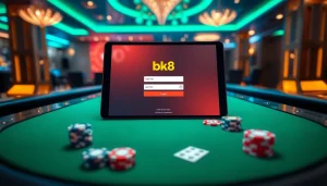 Access the bk8 login interface amidst an elegant casino setting with poker elements.