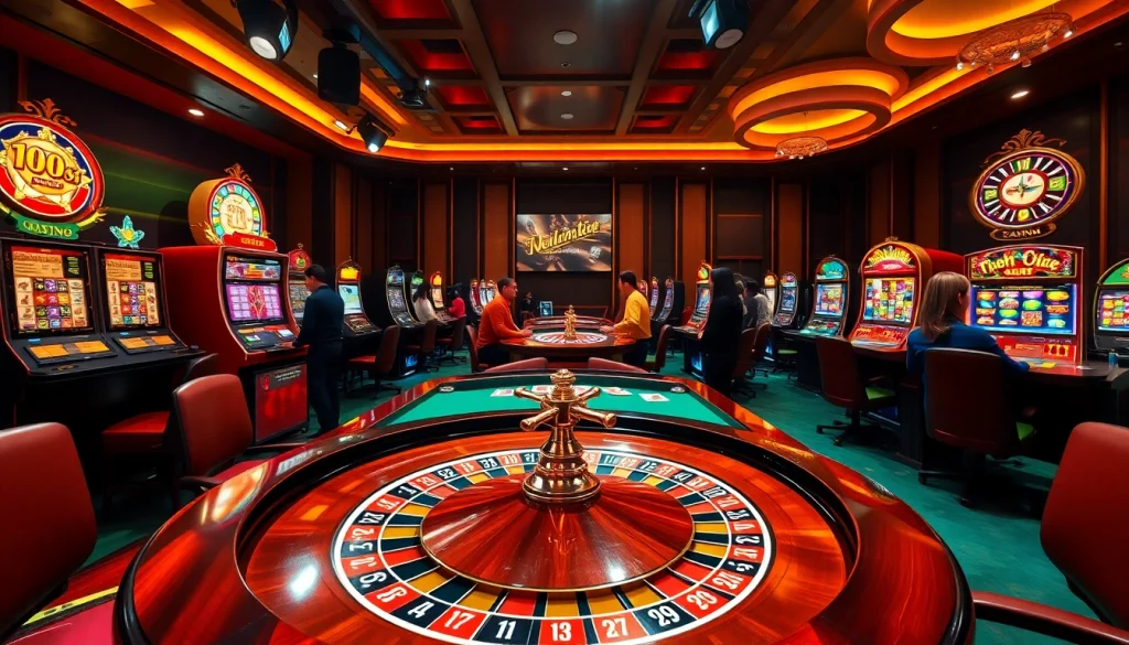 Gamblers enjoying the thrilling atmosphere at Nhà Cái 56WIN, with vibrant casino tables and slot machines.
