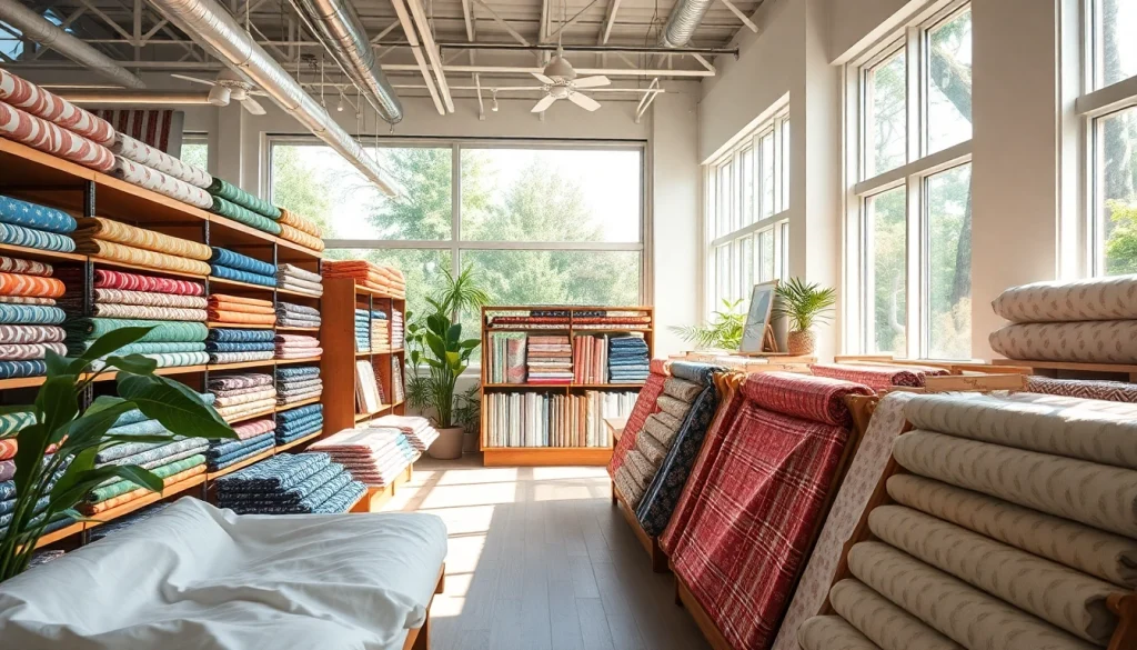 Kopen van goedkoop katoen stof online Nederland met kleurrijke stofvarianten in een winkelinterieur.