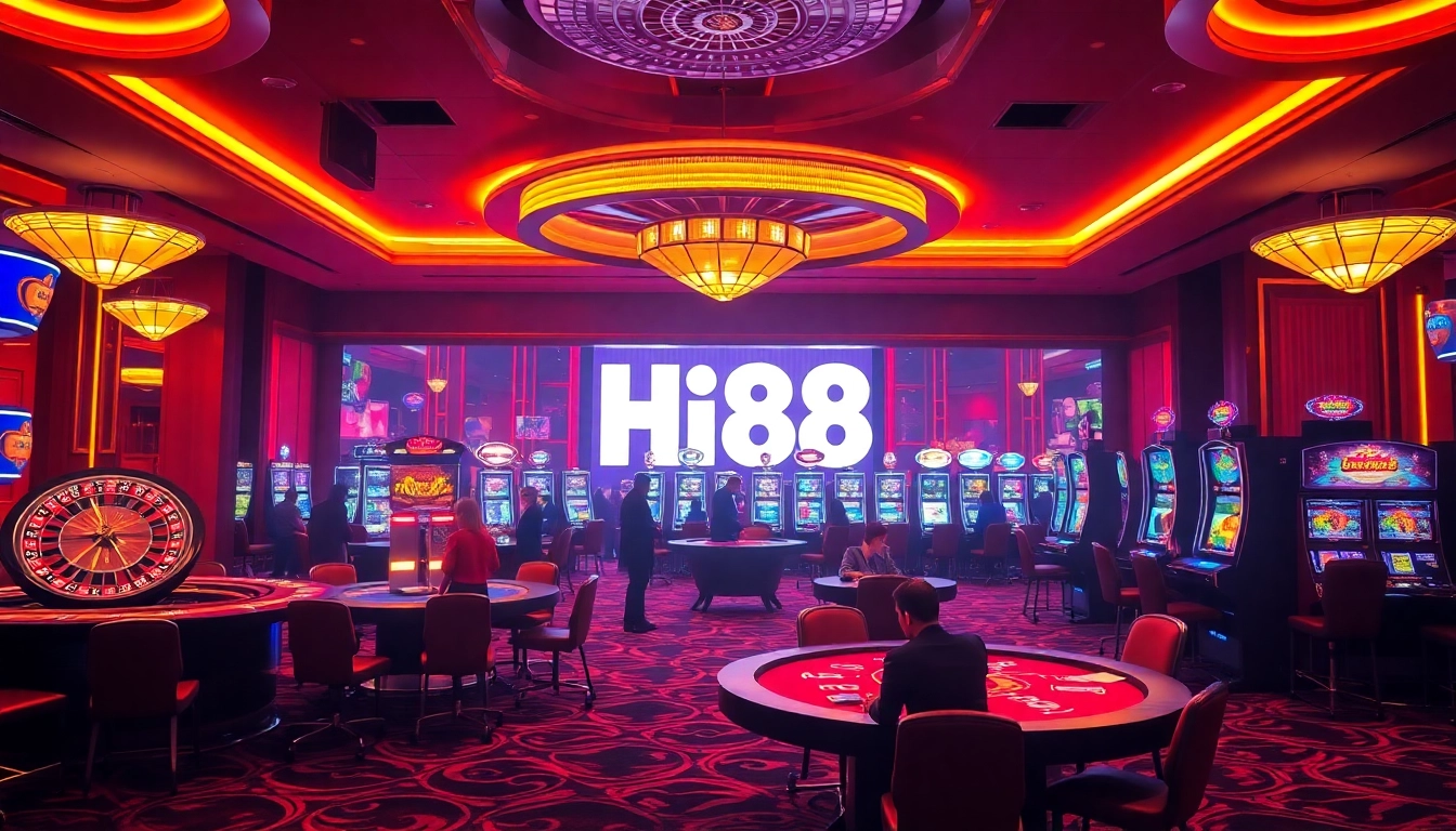 Experience thrilling gameplay with Hi88 at a luxurious casino table filled with poker chips and a roulette wheel.