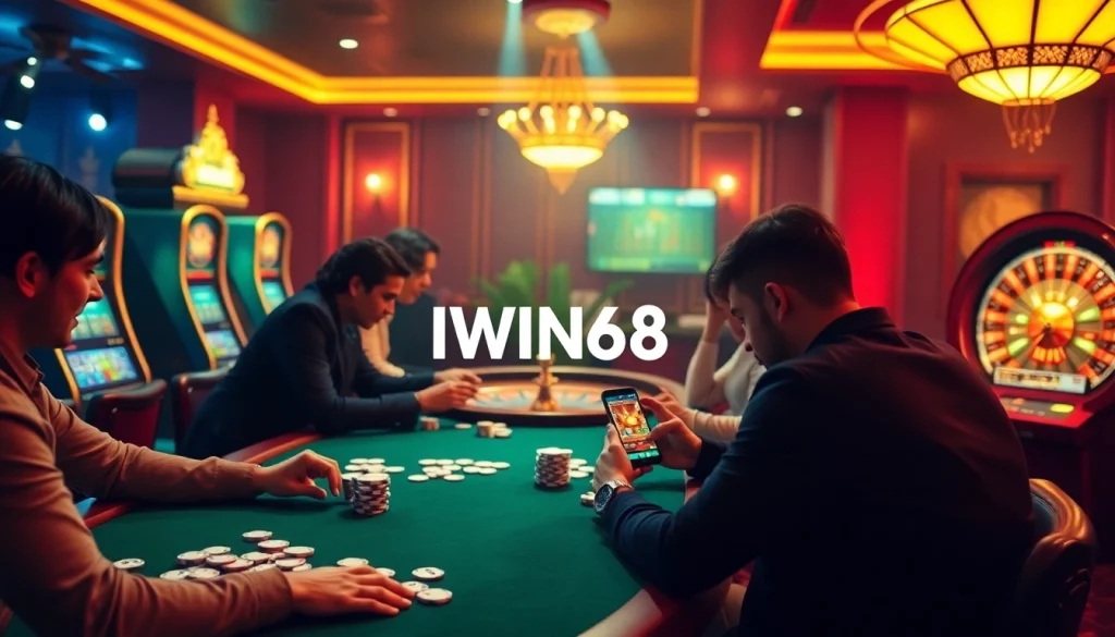 IWIN68 players enjoying a luxurious casino experience with poker and slot machines.