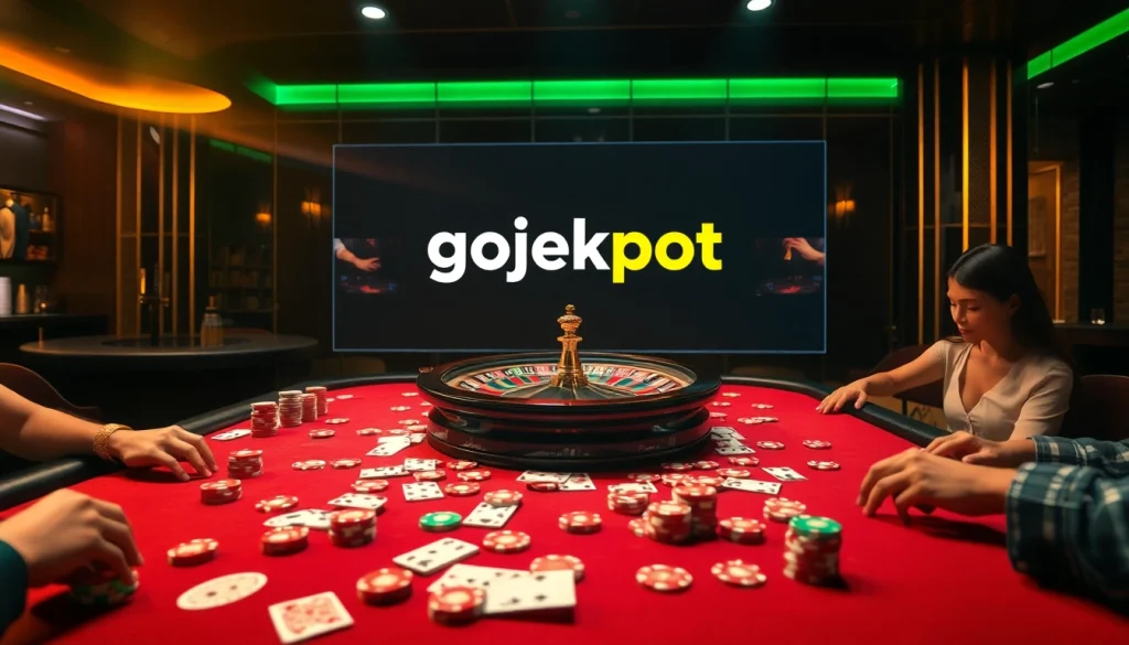 An exciting casino atmosphere showcasing poker tables, vibrant chips, and the gojekpot logo emphasizing winning opportunities.