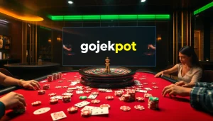 An exciting casino atmosphere showcasing poker tables, vibrant chips, and the gojekpot logo emphasizing winning opportunities.