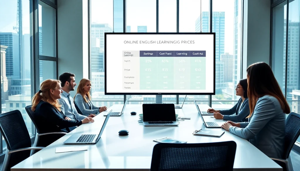 専門的な環境でオンライン英語学習の費用についてチームが議論している様子を紹介する、ビズメイツ料金の紹介画像。