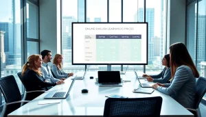 専門的な環境でオンライン英語学習の費用についてチームが議論している様子を紹介する、ビズメイツ料金の紹介画像。