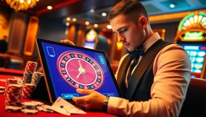 Engage in логин to a luxurious online casino, surrounded by vibrant poker chips and a digital roulette wheel.
