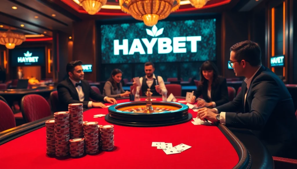 HAYBET casino scene with poker tables and roulette wheel exuding luxury and excitement.