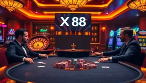 Experience the thrill of winning at X 88 poker tables with vibrant chips and cards.