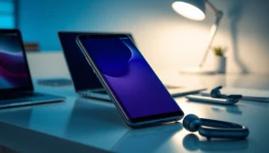 Samsung Galaxy S8 smartphone on a modern desk setup, showcasing its sleek design and vibrant display.